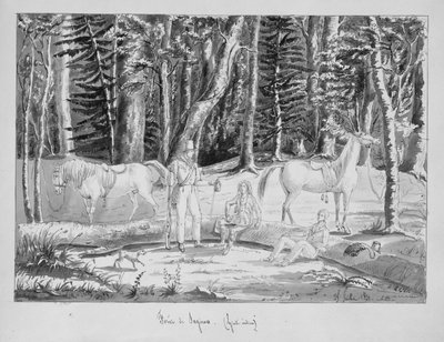 المسافرون الذين لديهم مرشد هندي في غابة ساغيناو ، 1831 (قلم جاف وحبر ومرحاض على ورق) بواسطة غوستاف دي بومونت